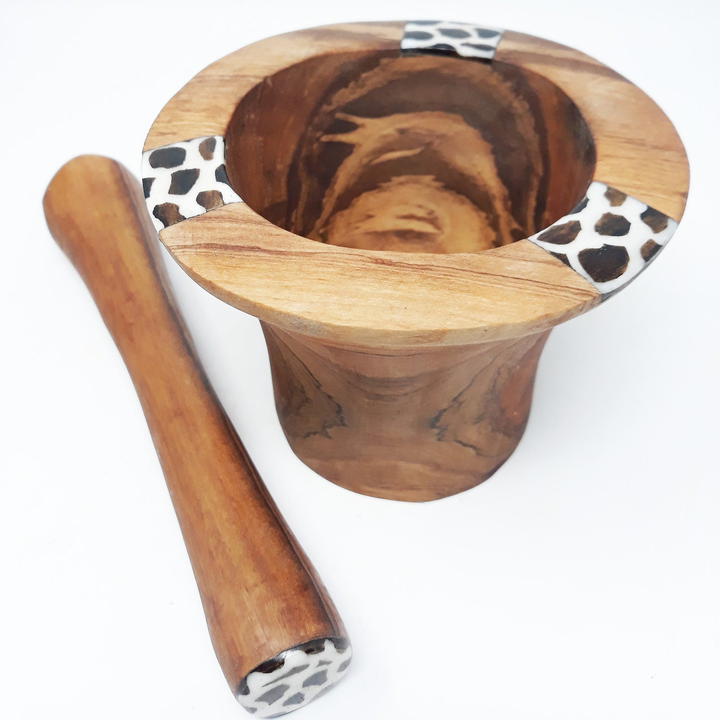 Hand Carved Olive Wood Mortar and Pestle: Rustic Herb Grinder with Batik Inlay