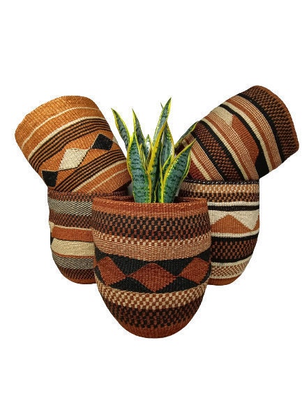 Handwoven Sisal Plant Basket: African Woven Planter, 9"