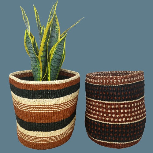 Handwoven Sisal Plant Basket: Colorful Boho Planter, 8"