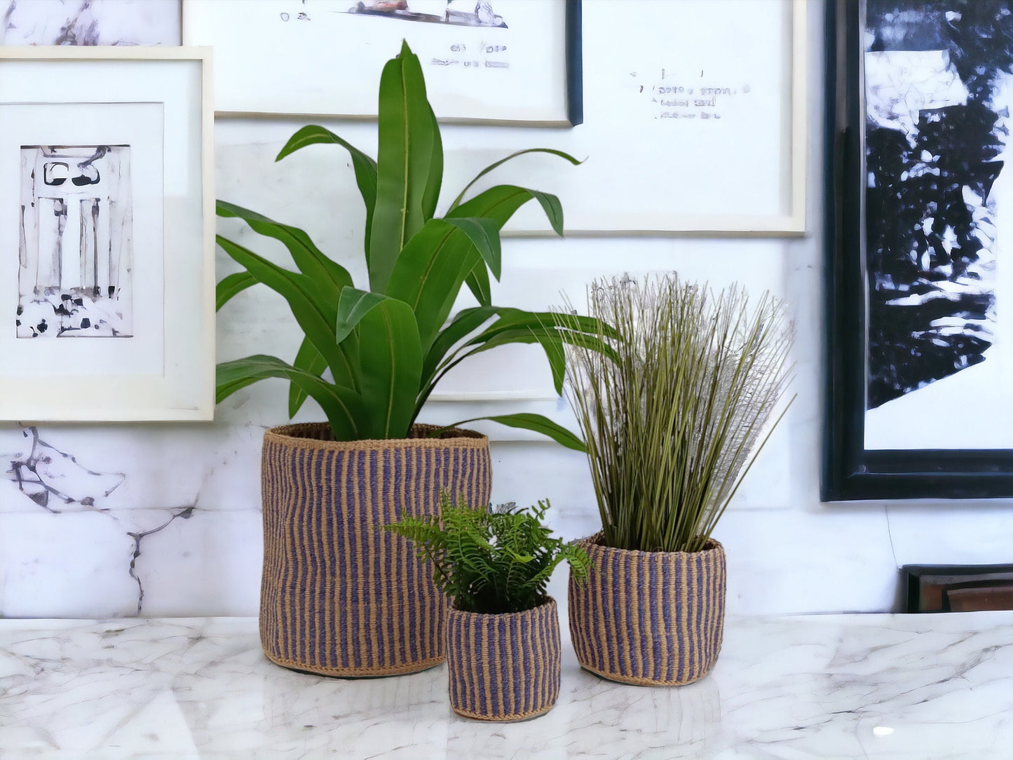 Handwoven Sisal Basket: Striped Purple Planter Pot, African Storage Basket