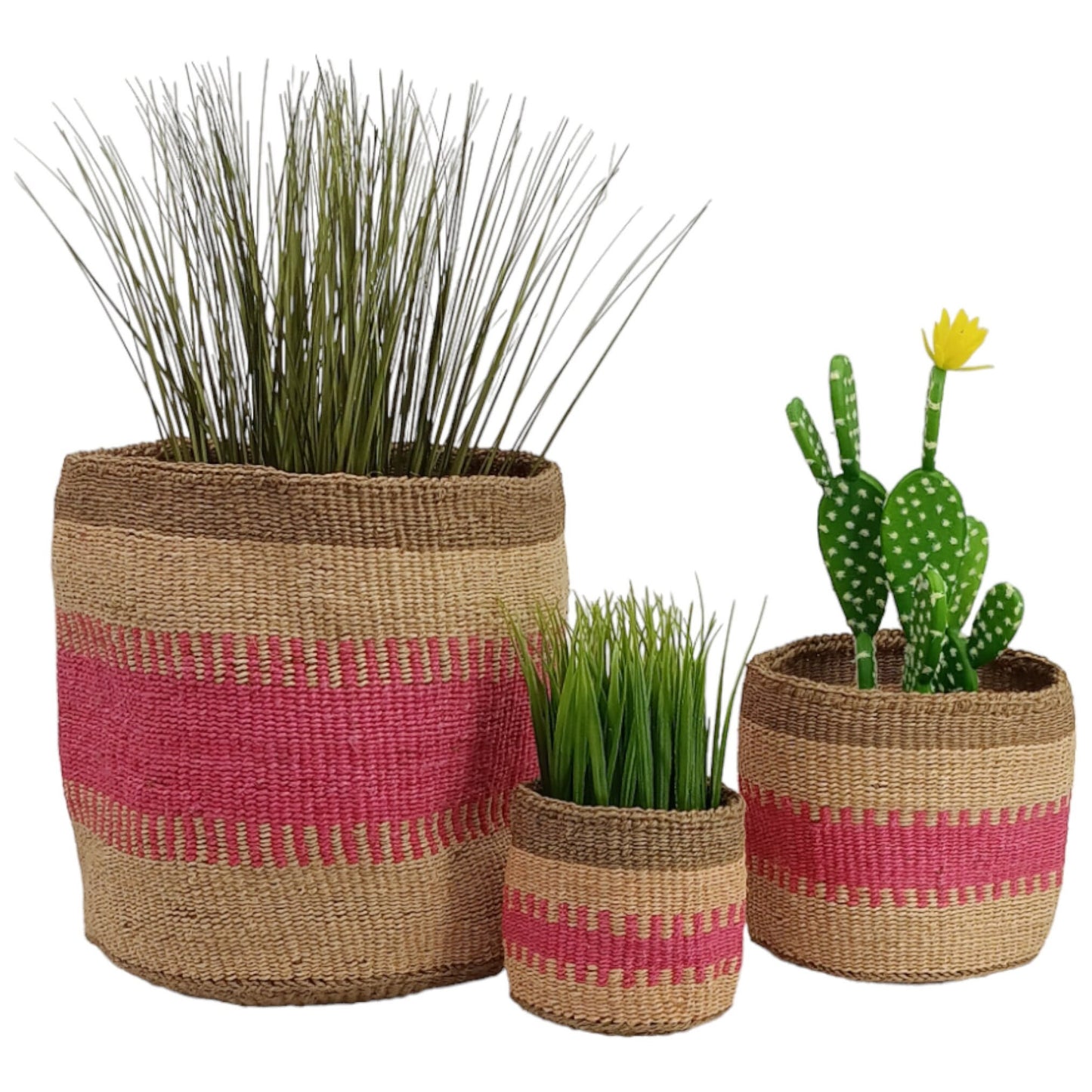 Handwoven Sisal Basket: African Woven Planter, Pink Decor