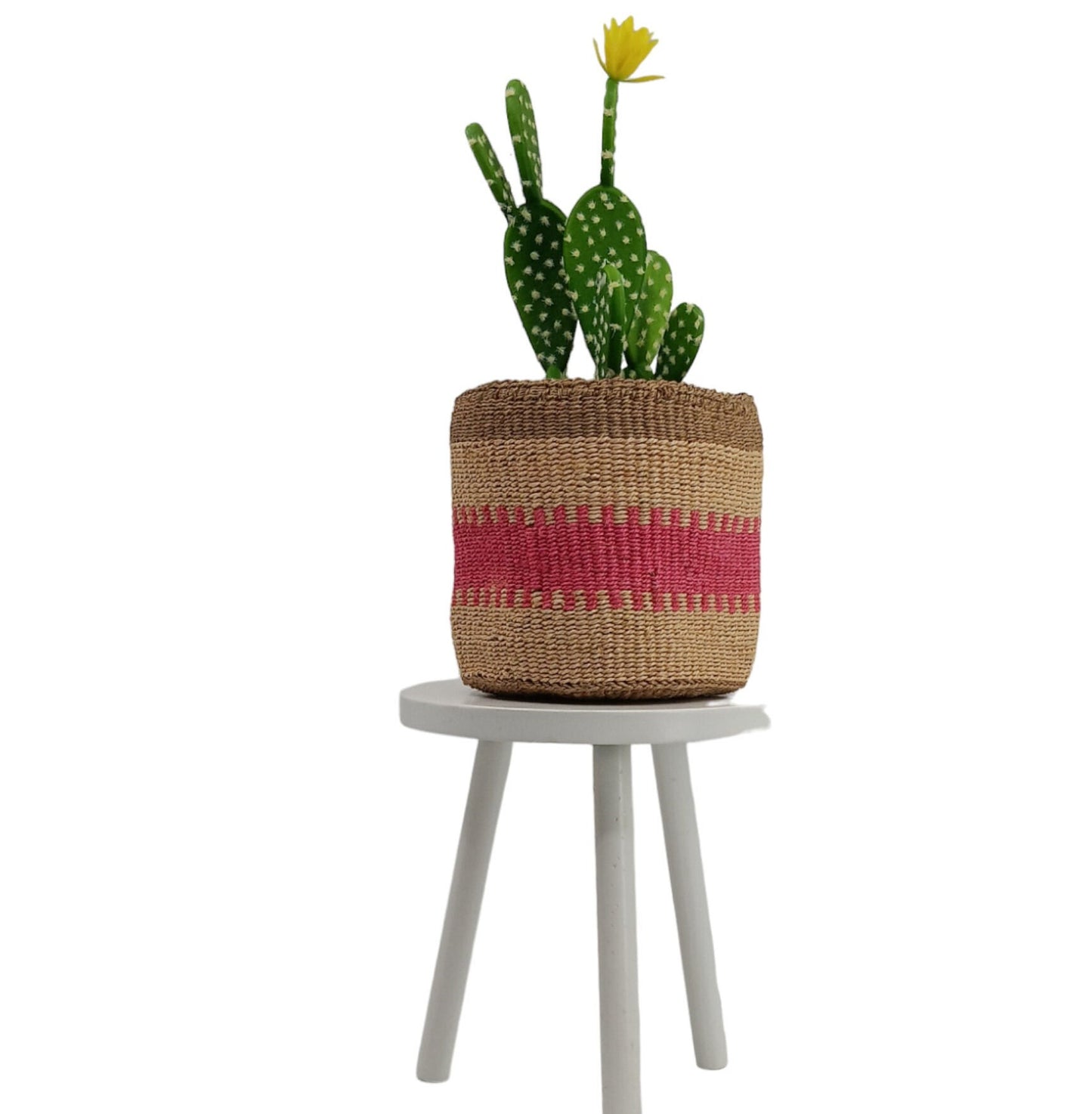 Handwoven Sisal Basket: African Woven Planter, Pink Decor