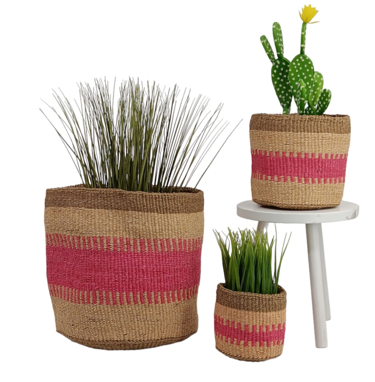 Handwoven Sisal Basket: African Woven Planter, Pink Decor