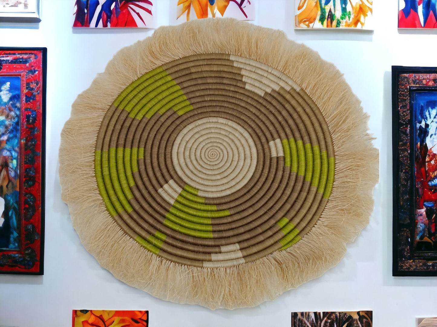 Large Fringed Wall Basket: Handwoven Sweetgrass & Sisal Decor