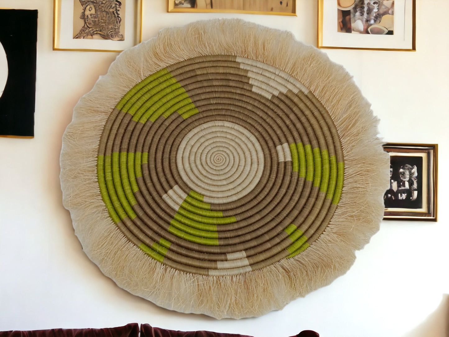 Large Fringed Wall Basket: Handwoven Sweetgrass & Sisal Decor
