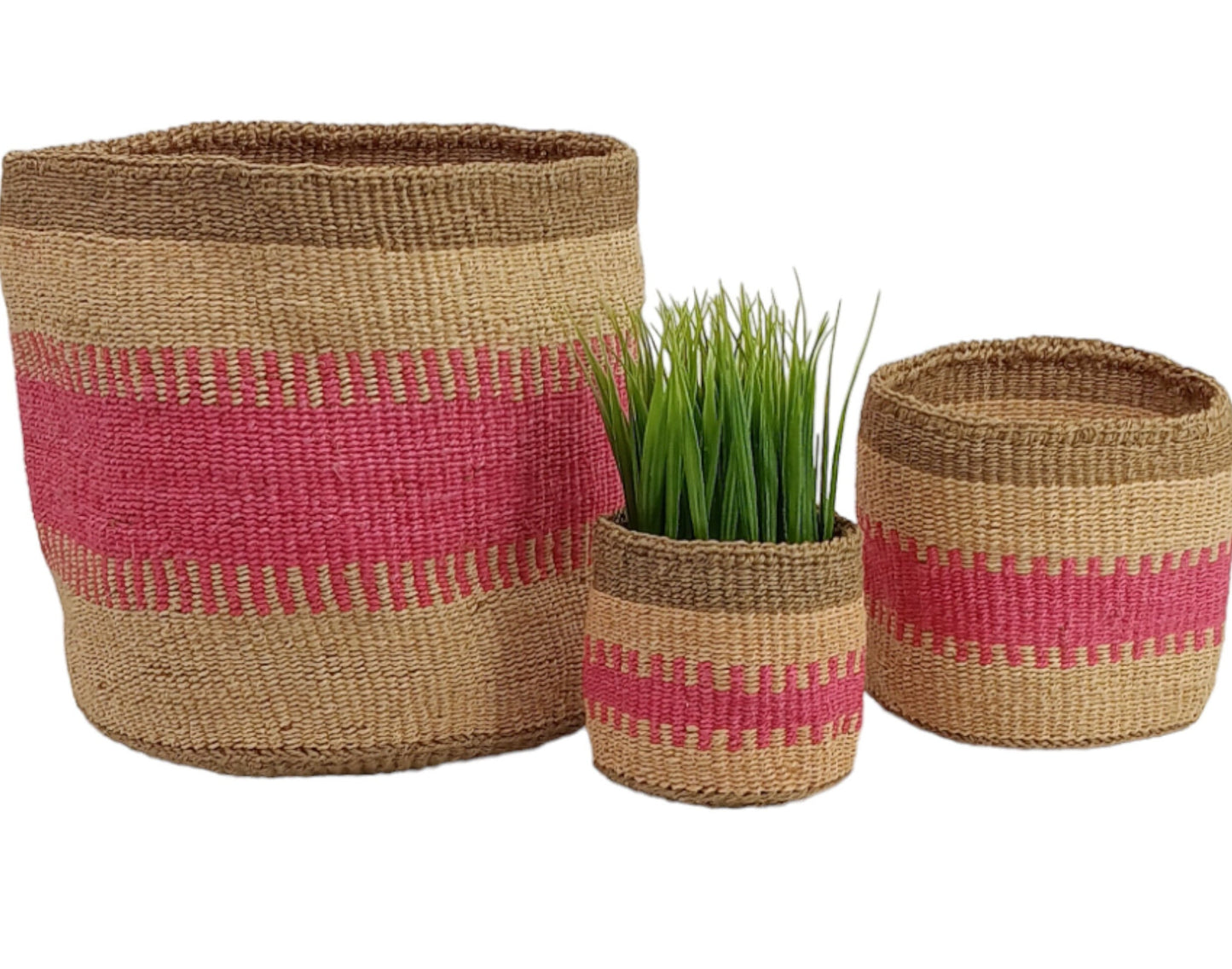 Handwoven Sisal Basket: African Woven Planter, Pink Decor