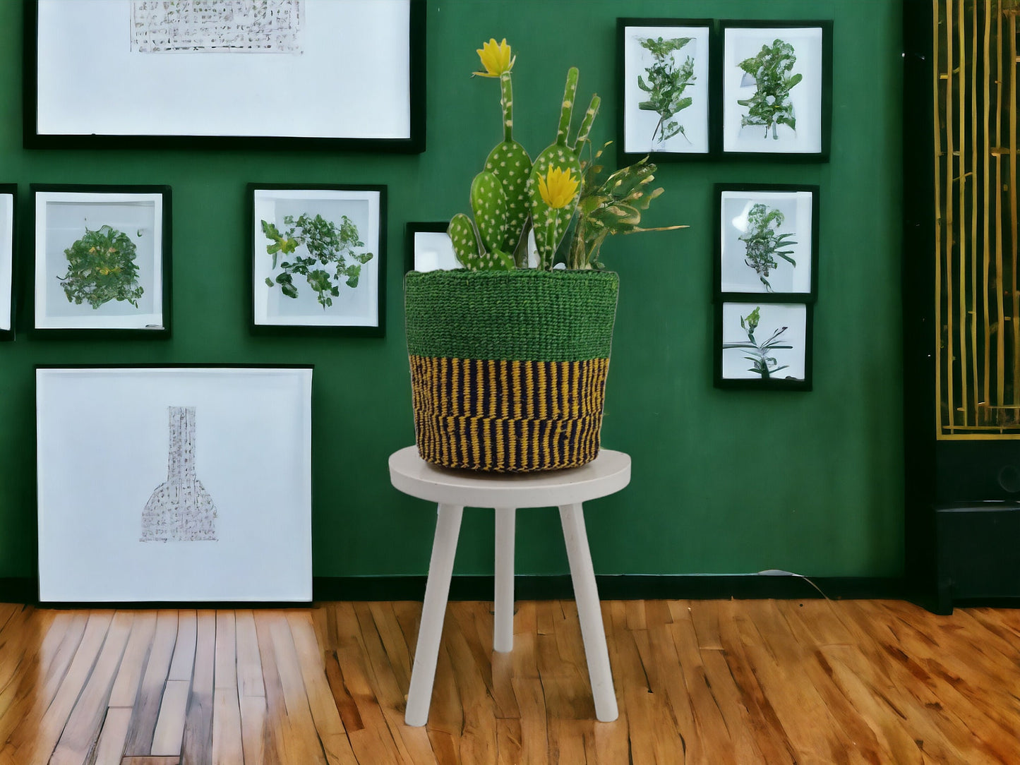 Handwoven African Sisal Basket Planter: Green Boho Decor