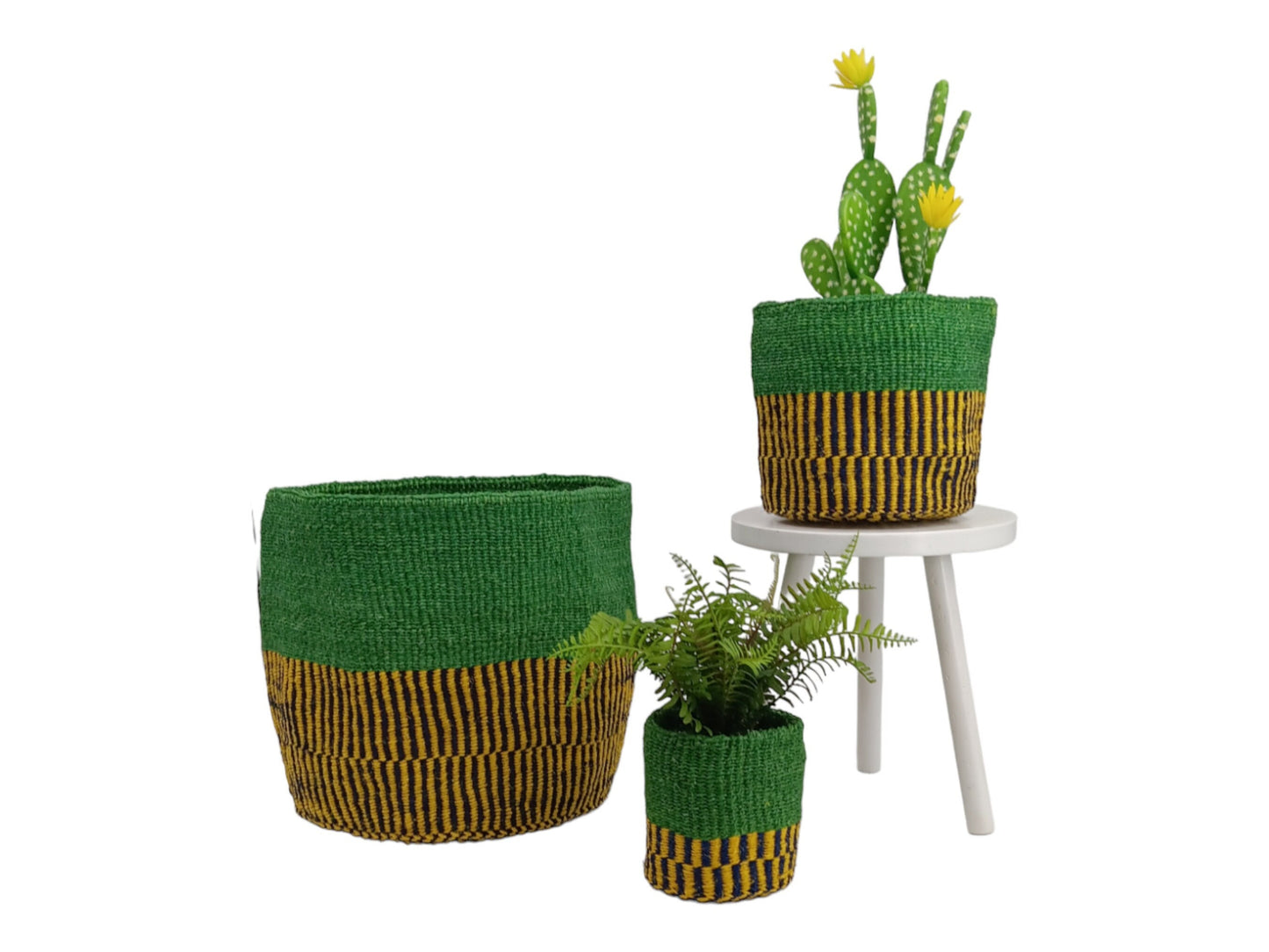 Handwoven African Sisal Basket Planter: Green Boho Decor