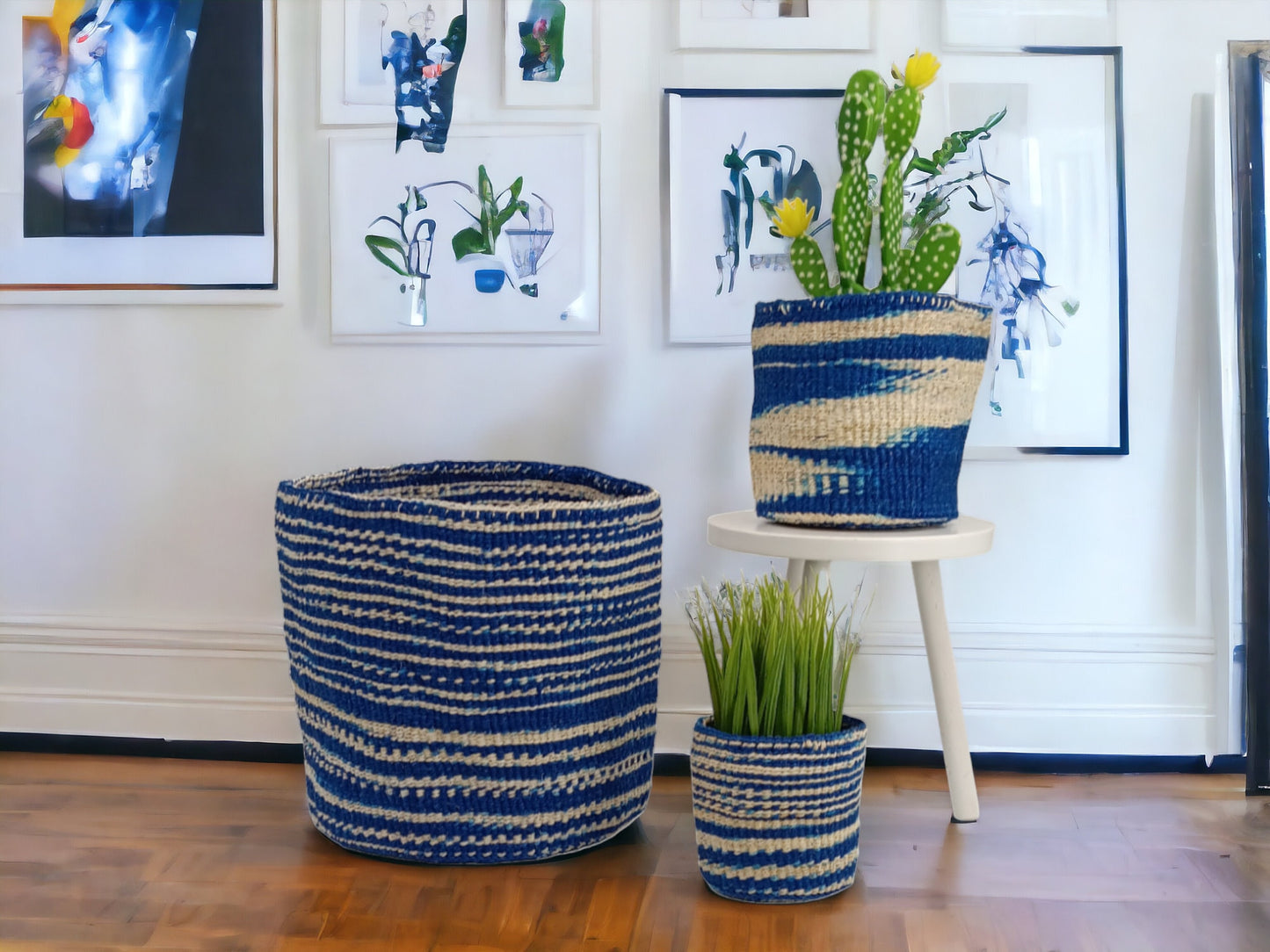 Blue Woven Basket Planter: African Sisal Basket Decor