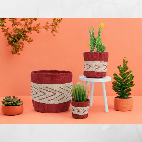 Handwoven Sisal Basket Planter: Colorful African Storage, Boho Decor
