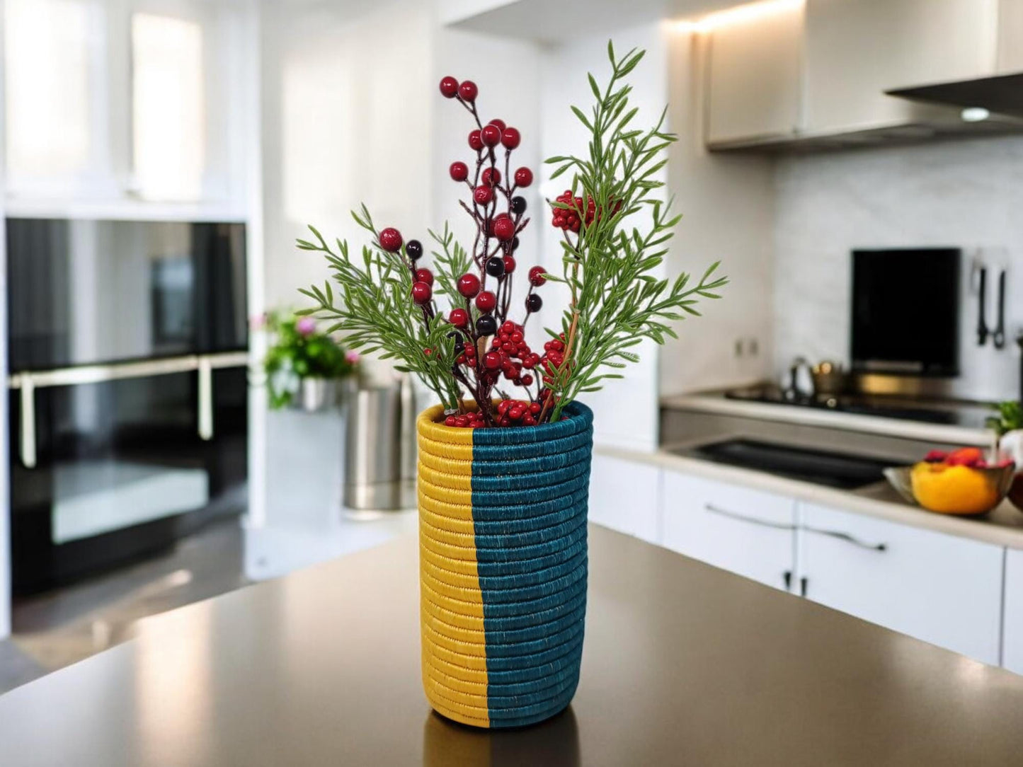 Handwoven Wicker Basket Vase: Boho Farmhouse Table Decor