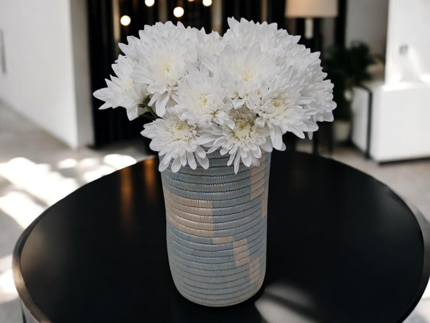 Handwoven Boho Vase: Blue Wicker Flower & Utensil Holder