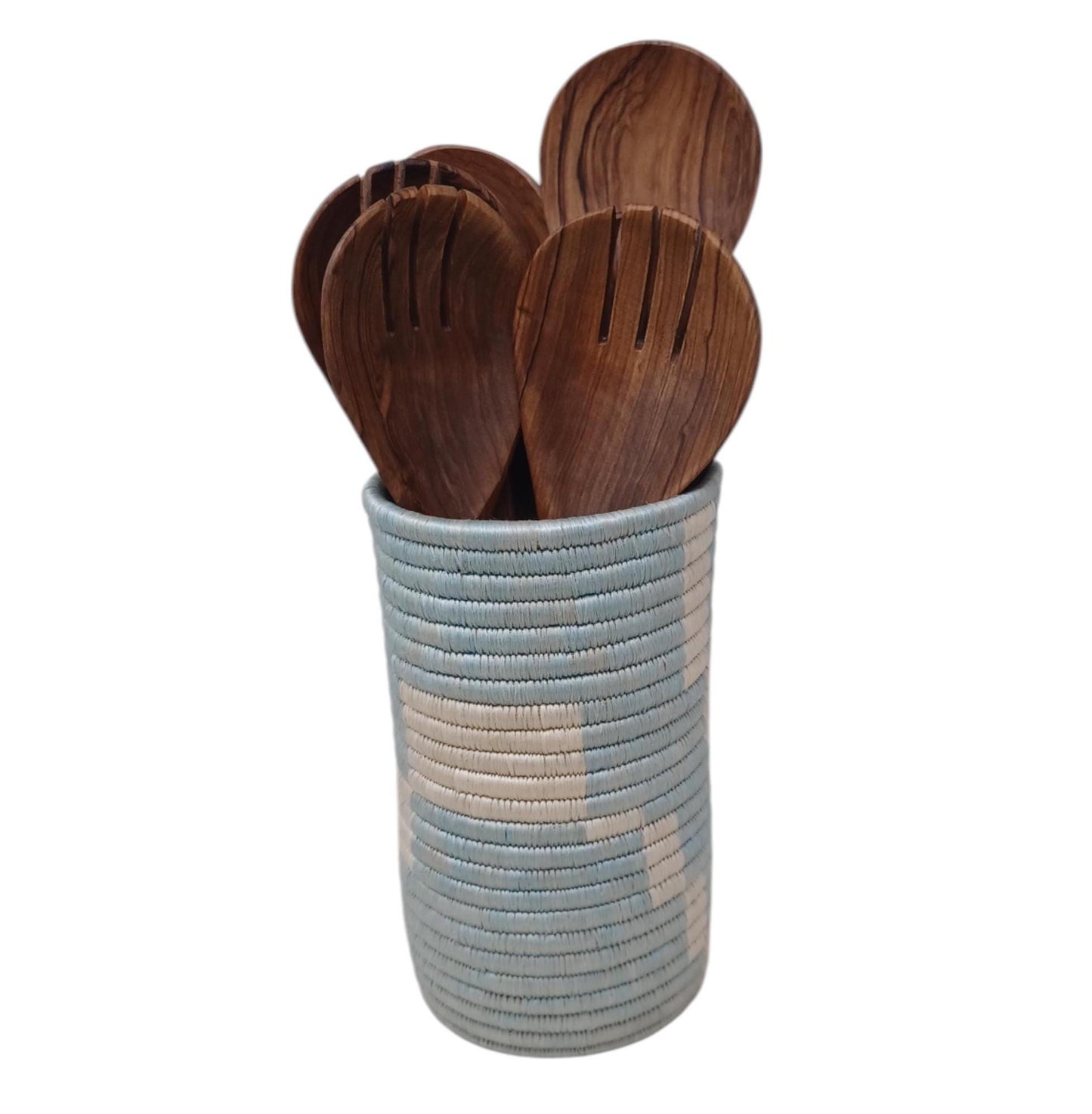 Handwoven Boho Vase: Blue Wicker Flower & Utensil Holder