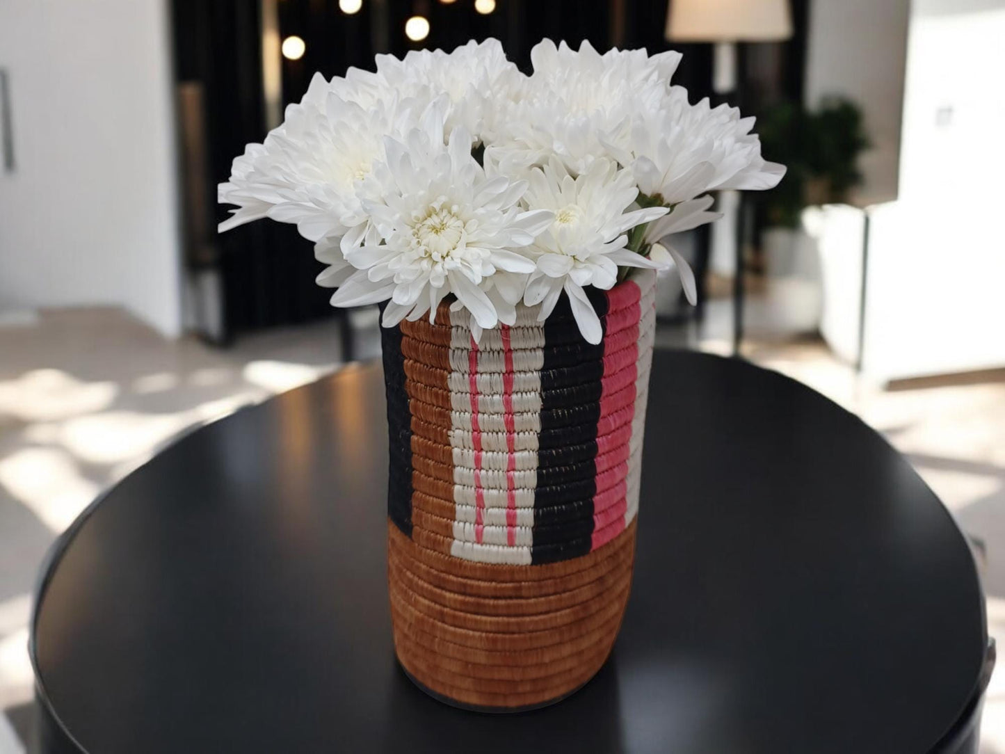 Woven Vase for Flowers – Handmade Boho rattan Vase, Perfect Gift for Mom’s Home Decor, Boho table Decor Accent, Colorful Utensil storage