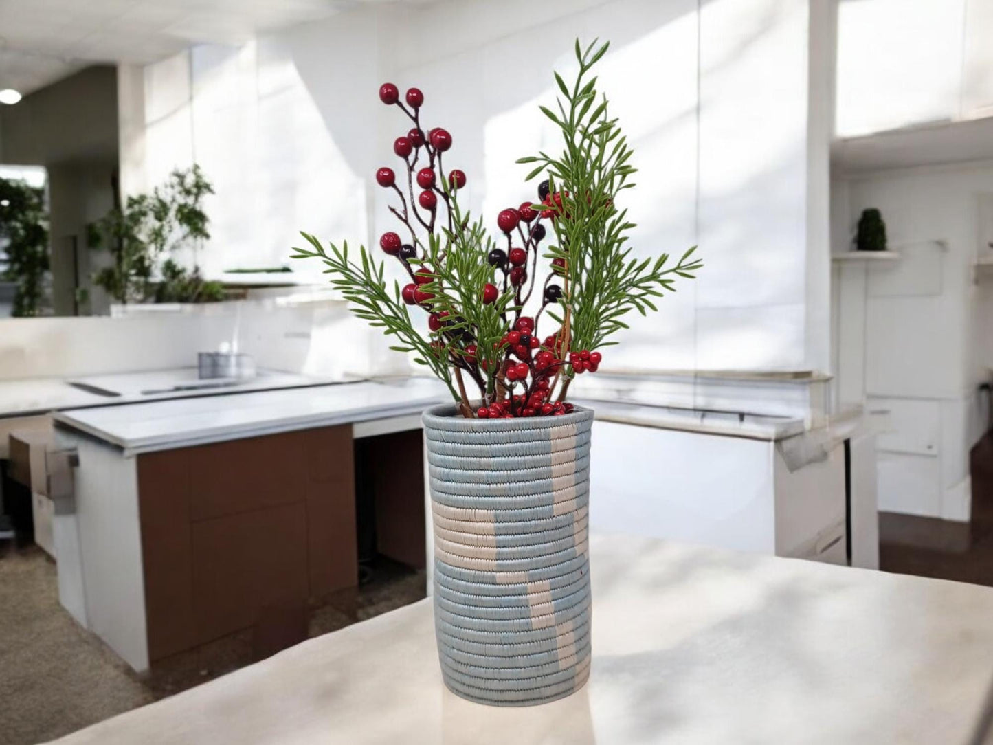Handwoven Boho Vase: Blue Wicker Flower & Utensil Holder