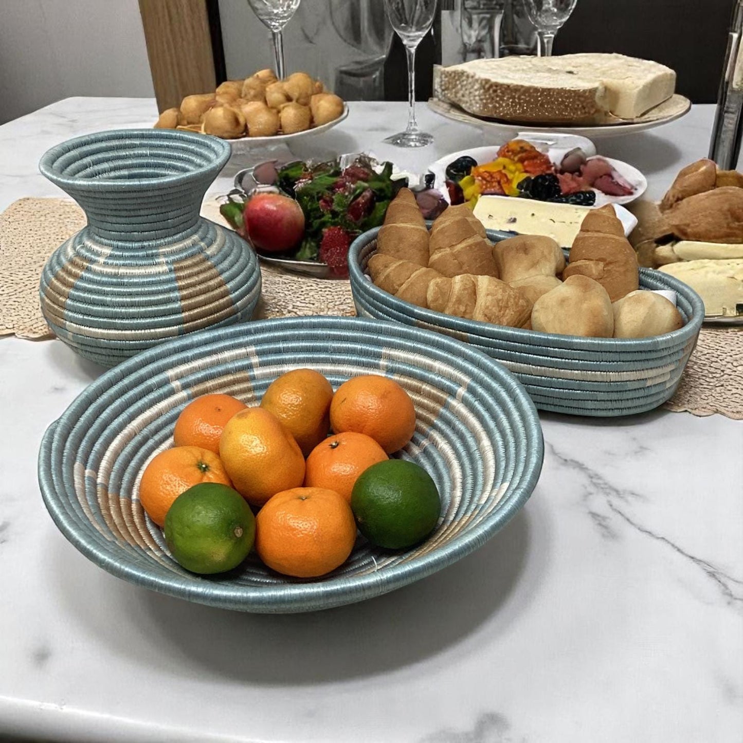 Handmade Woven Basket Set – Bread Basket, Fruit Bowl & Vase | Sustainable Boho Decor Gift for Kitchen Counter or Table Display