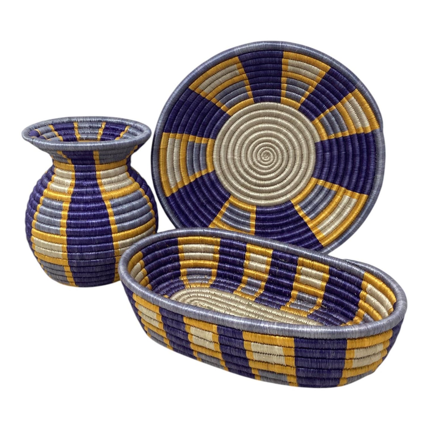 Colorful African Basket Set – Woven Bread Basket, Fruit Bowl Centerpiece & Vase for Rustic Table Decor and Unique Handmade Gifts