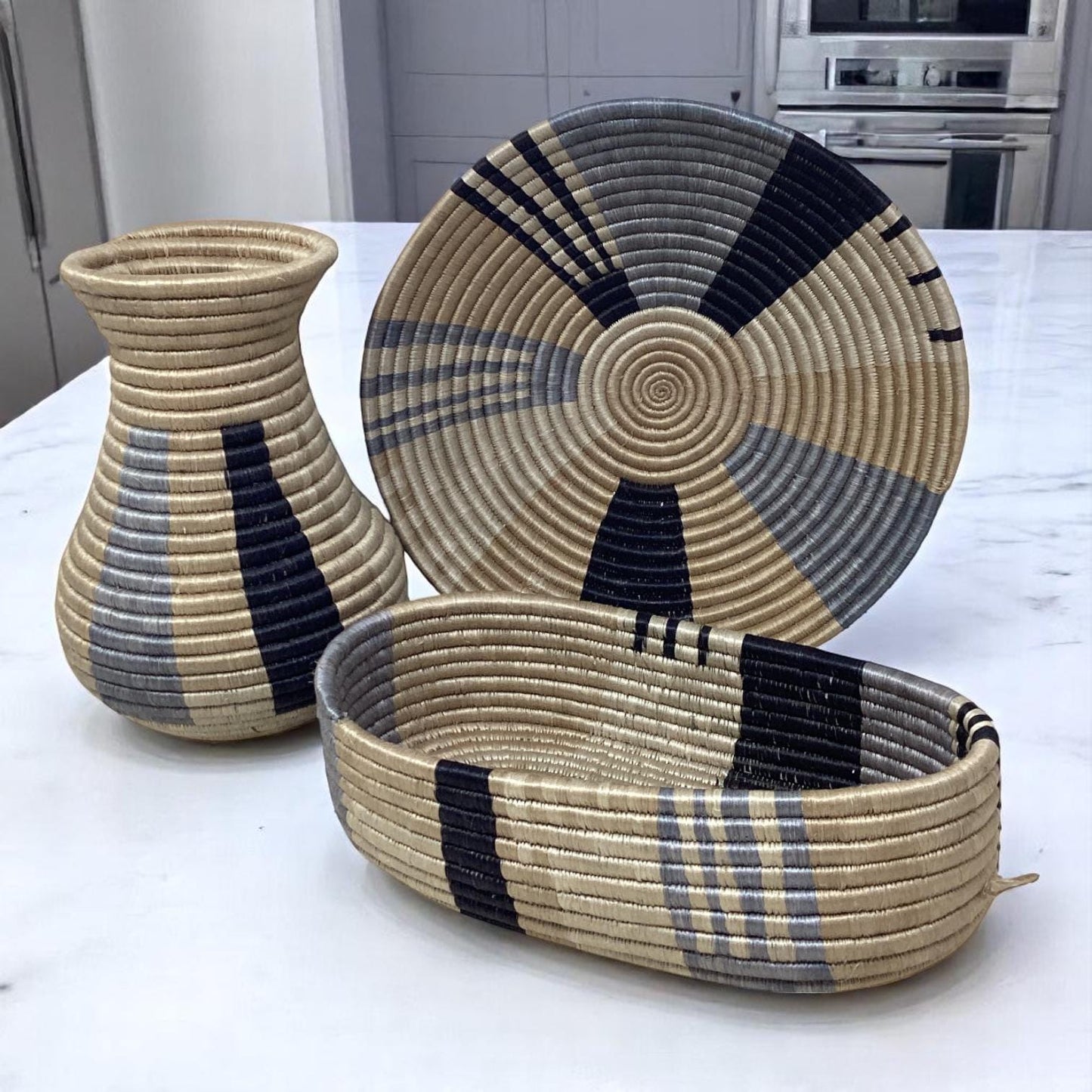 Rustic Woven Home Decor Set – Bread Basket, Centerpiece Fruit Bowl & Sisal Vase | African Gift for Kitchen or Table Styling Ideas
