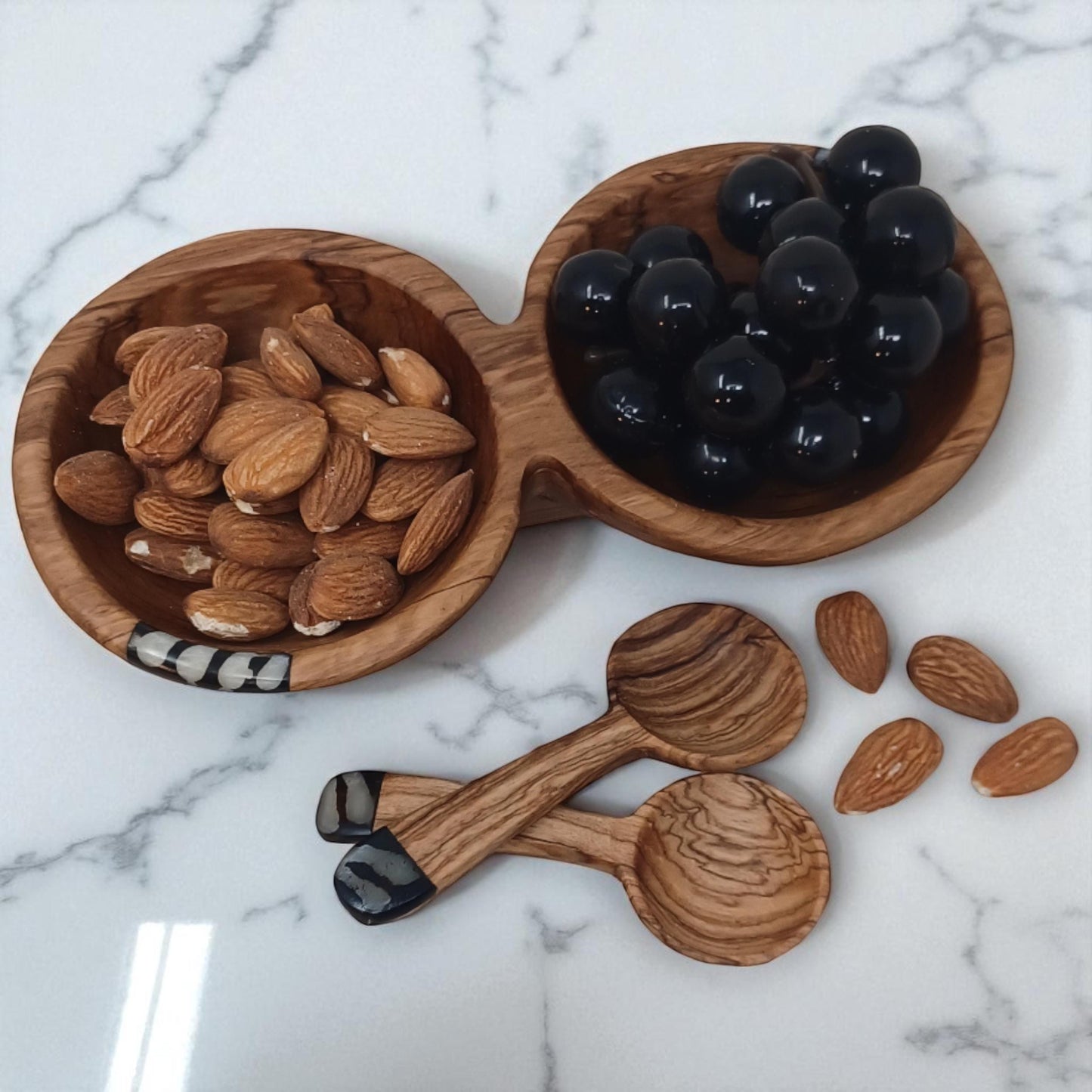 Handcrafted Olivewood Condiment Bowl Set with Scoops