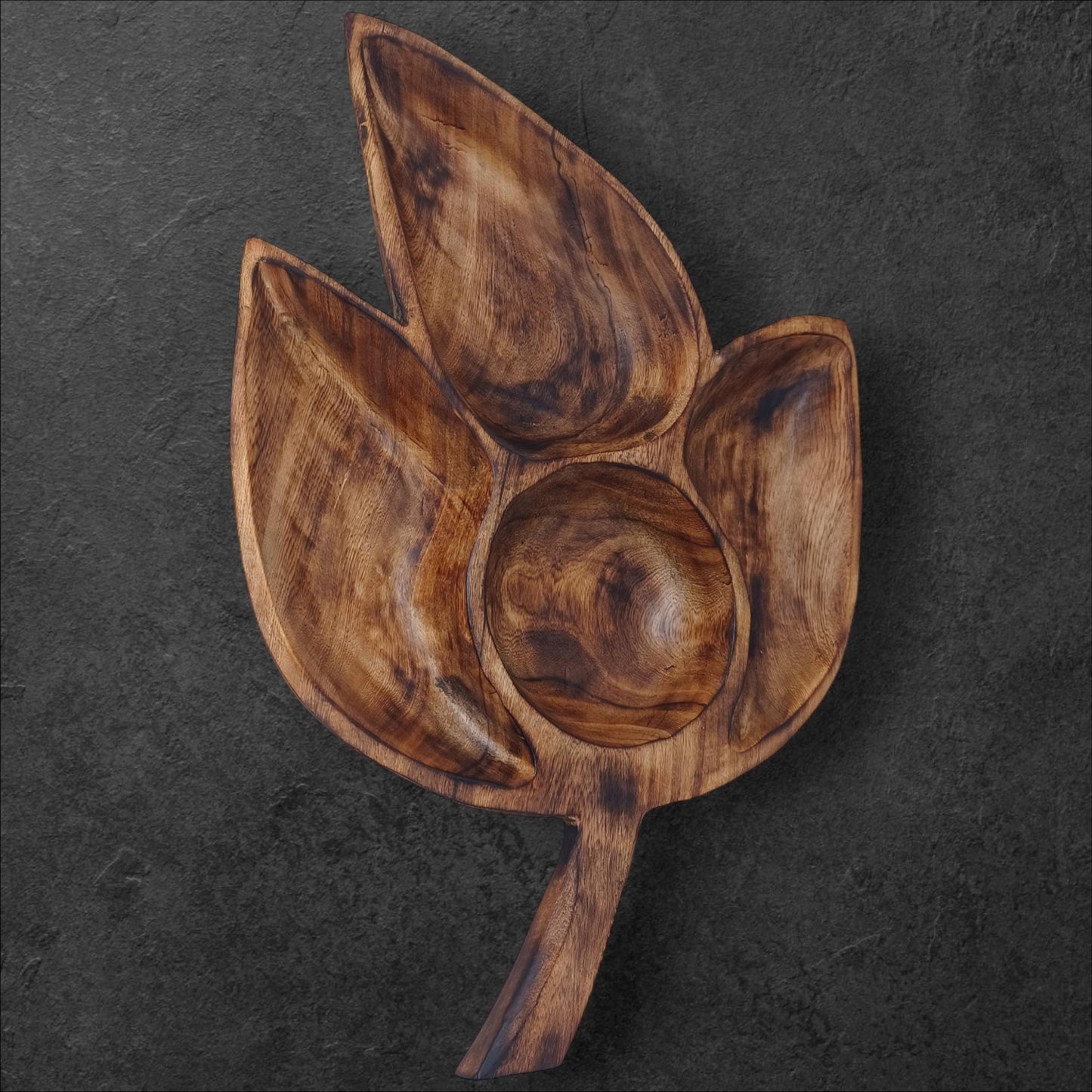 Clover Leaf Olivewood Serving Tray | 4-Section Snack Dish, Rustic Wooden Bowl for Parties & Holidays