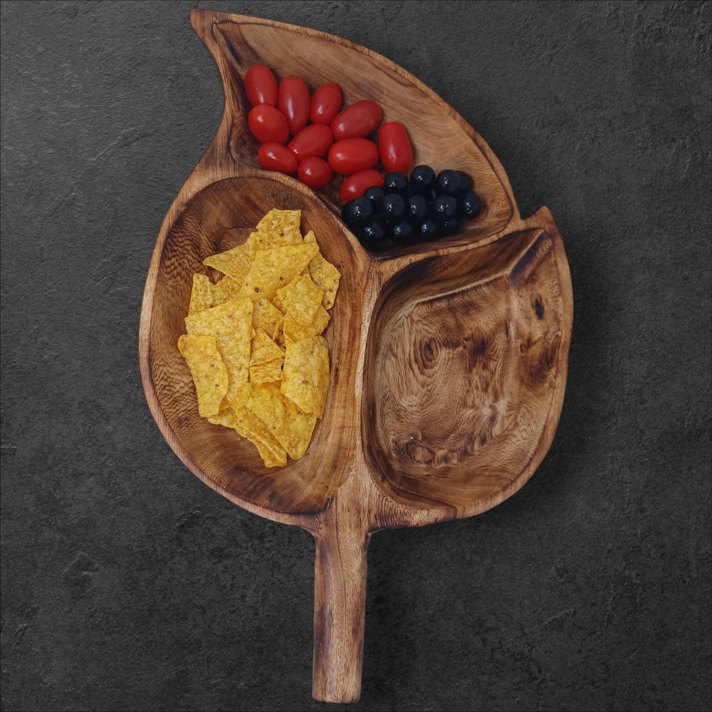 Divided Olivewood Leaf Snack Tray | Handcrafted Wooden Serving Bowl, Rustic Tableware, Appetizer Dish