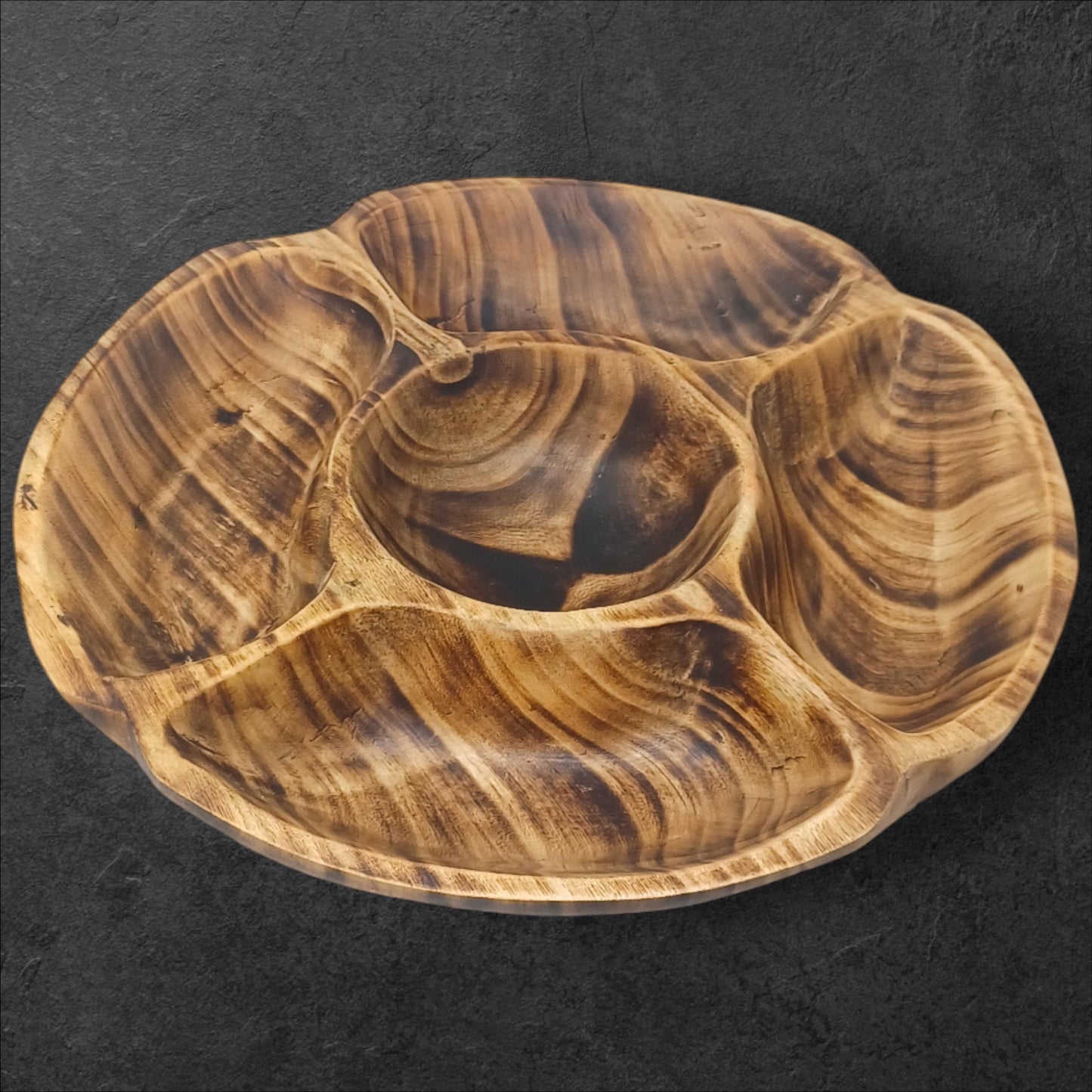 Handcrafted Olivewood 4-Section Round Serving Bowl | Rustic Snack Tray, Appetizer Platter, Holiday Entertaining Gift