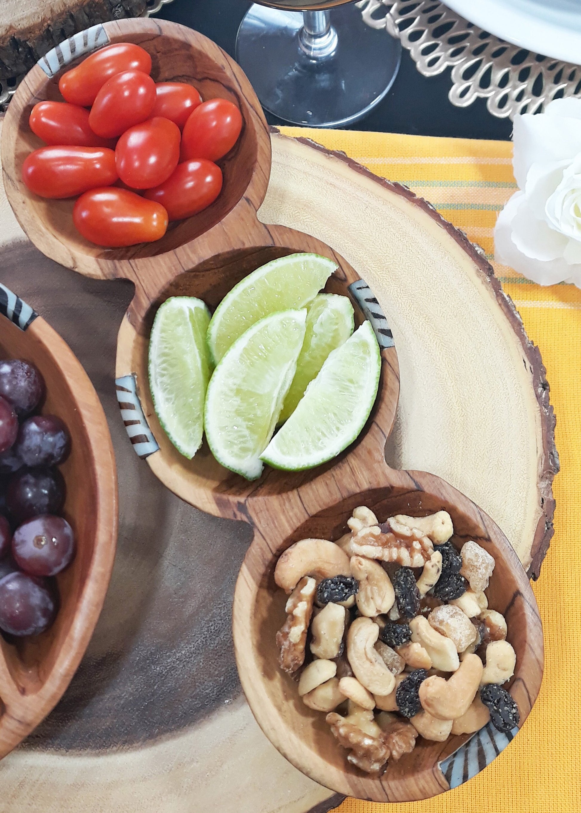 Hand Carved Olivewood Snack Bowl: Condiment Server with Batik Inlay