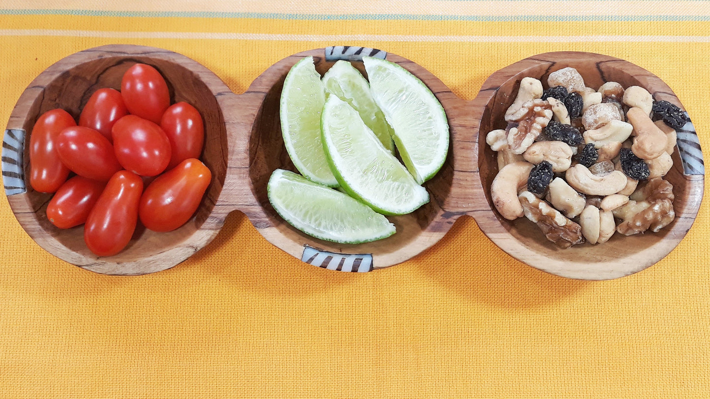 Handmade Olive Wood Condiment Bowl with Spoons: Divided Snack Dish