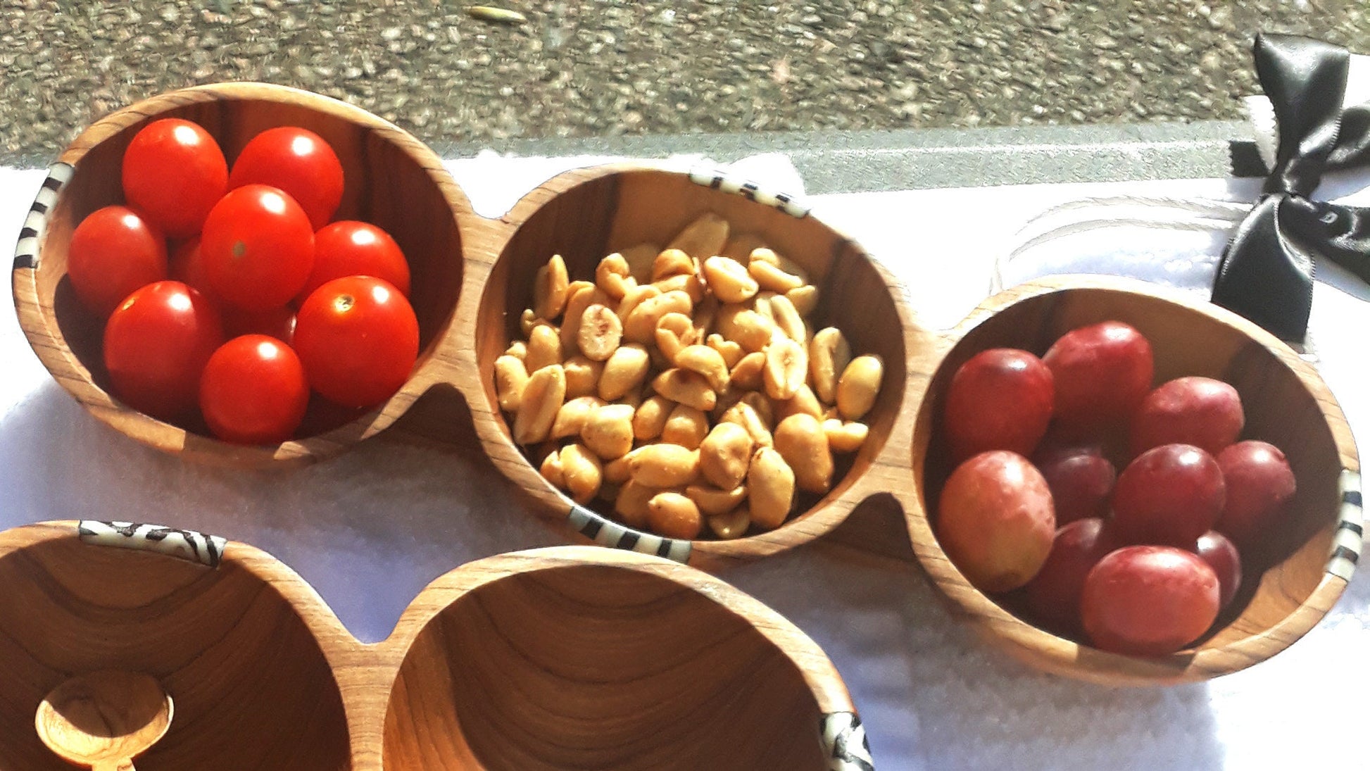 Hand Carved Olivewood Snack Bowl: Condiment Server with Batik Inlay