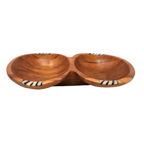 Hand Carved Olivewood Divided Snack Bowl with Spoons