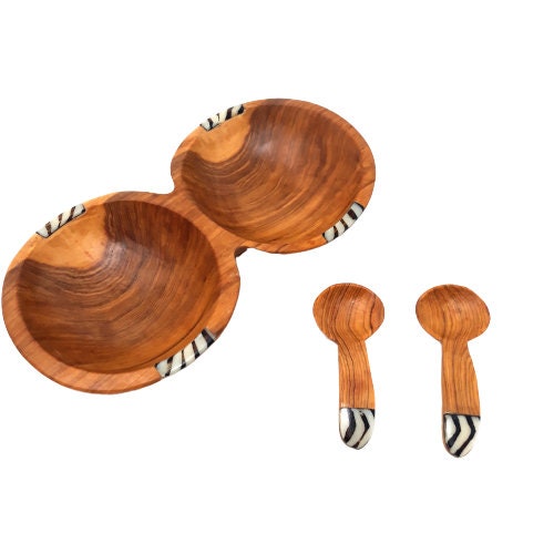 Hand Carved Olivewood Divided Snack Bowl with Spoons