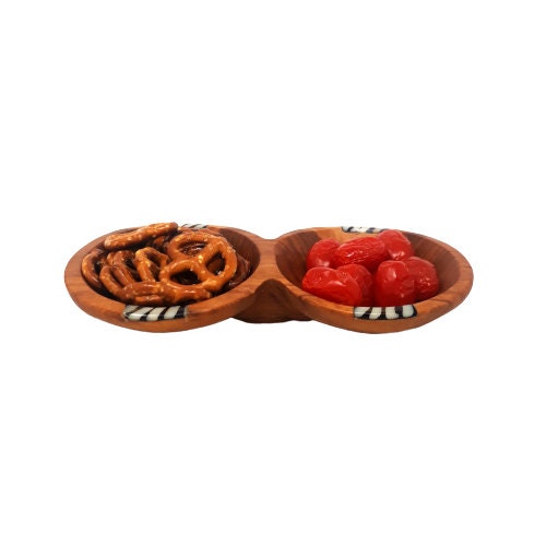 Hand Carved Olivewood Divided Snack Bowl with Spoons