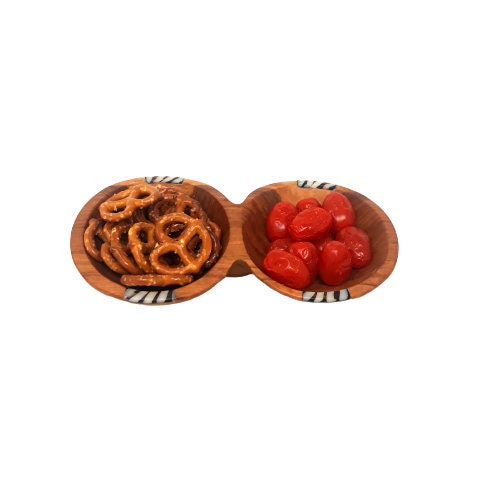 Hand Carved Olivewood Divided Snack Bowl with Spoons