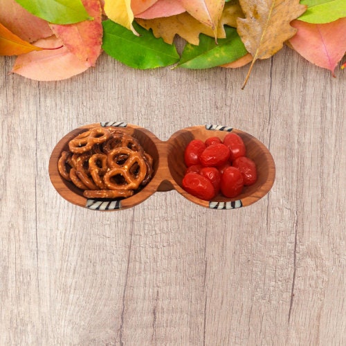 Hand Carved Olivewood Divided Snack Bowl with Spoons