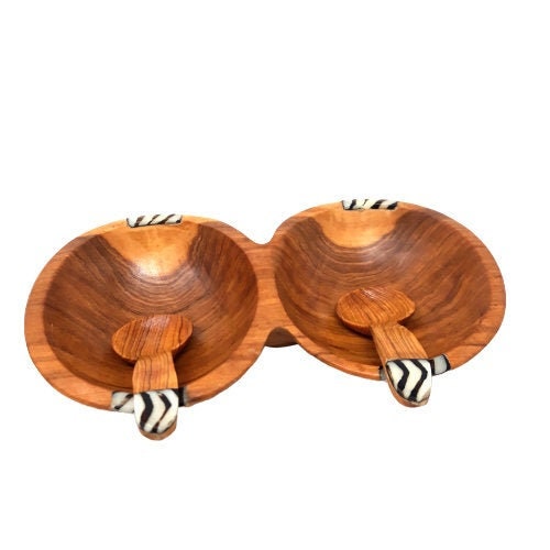 Hand Carved Olivewood Divided Snack Bowl with Spoons