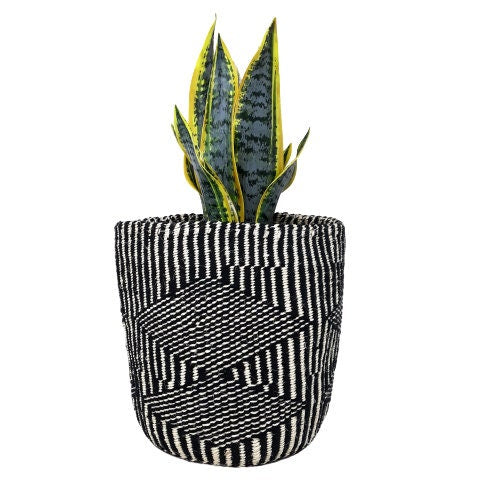 Handwoven Sisal Plant Basket: Geometric Black & White Pot Cover
