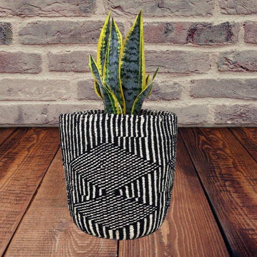 Handwoven Sisal Plant Basket: Geometric Black & White Pot Cover