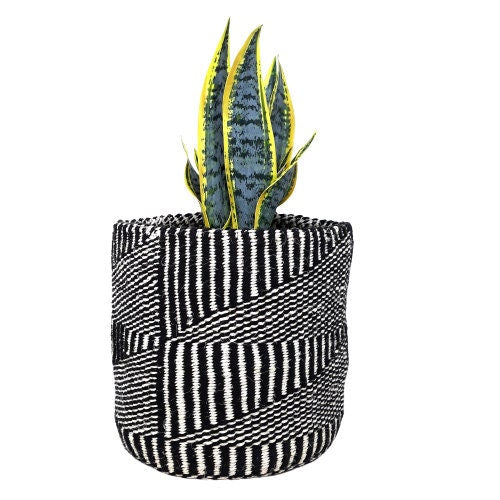 Handwoven Sisal Basket: Black & White African Storage, 9x10 Inches