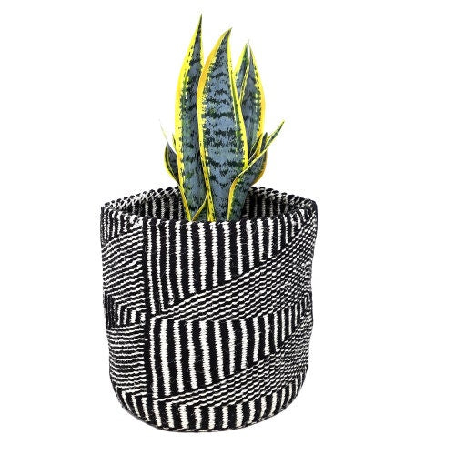 Handwoven Sisal Basket: Black & White African Storage, 9x10 Inches