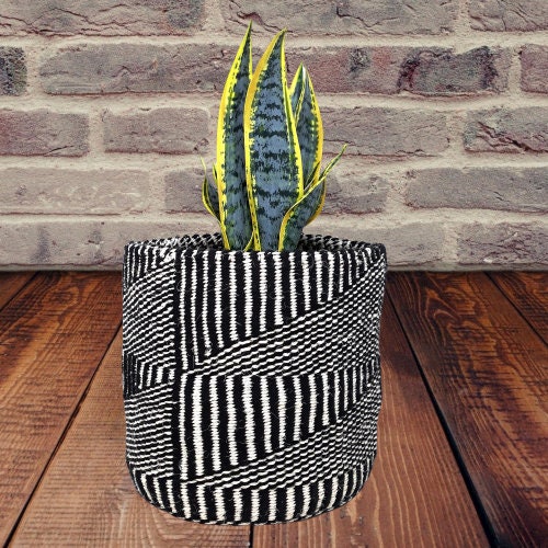 Handwoven Sisal Basket: Black & White African Storage, 9x10 Inches