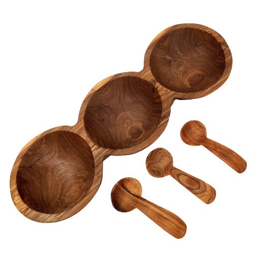 Hand Carved Olivewood Snack Bowl: Divided Serving Dish with Spoons
