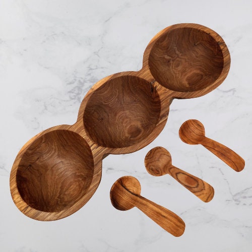 Hand Carved Olivewood Snack Bowl: Divided Serving Dish with Spoons