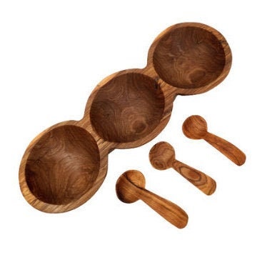 Hand Carved Olivewood Snack Bowl: Divided Serving Dish with Spoons