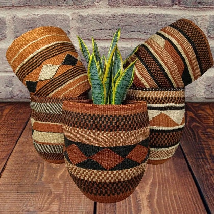 Handwoven Sisal Plant Basket: African Woven Planter, 9"