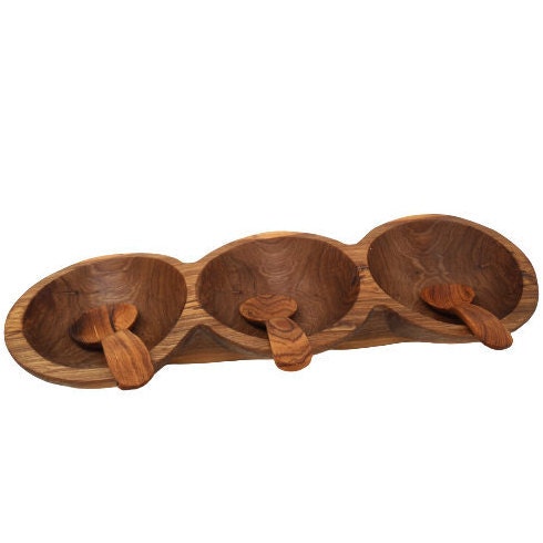 Hand Carved Olivewood Snack Bowl: Divided Serving Dish with Spoons