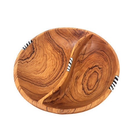 Olivewood Divided Bowl: Round Wooden Snack & Salsa Serving Bowl