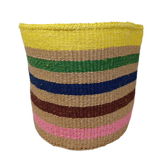 Handwoven Sisal Basket: Colorful Striped Planter, African Woven Storage (10"x10")