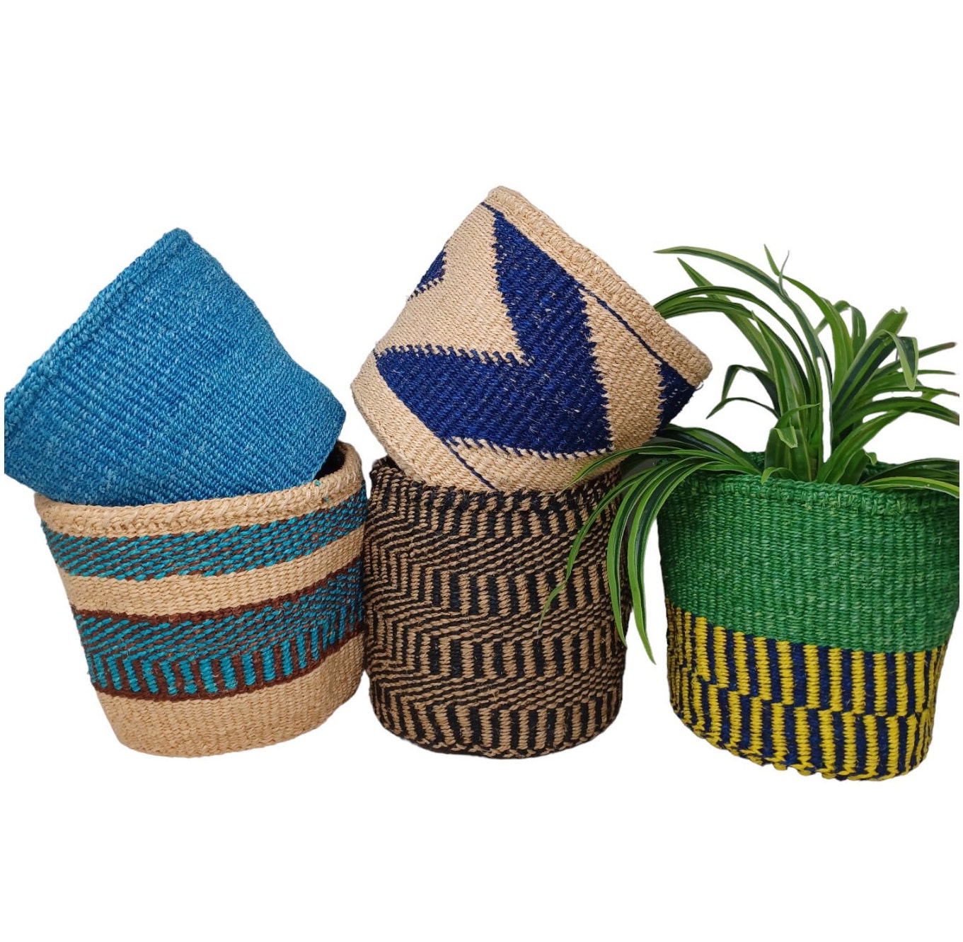 Handwoven Sisal Basket: 7" Boho Plant Pot Cover, Colorful Decor