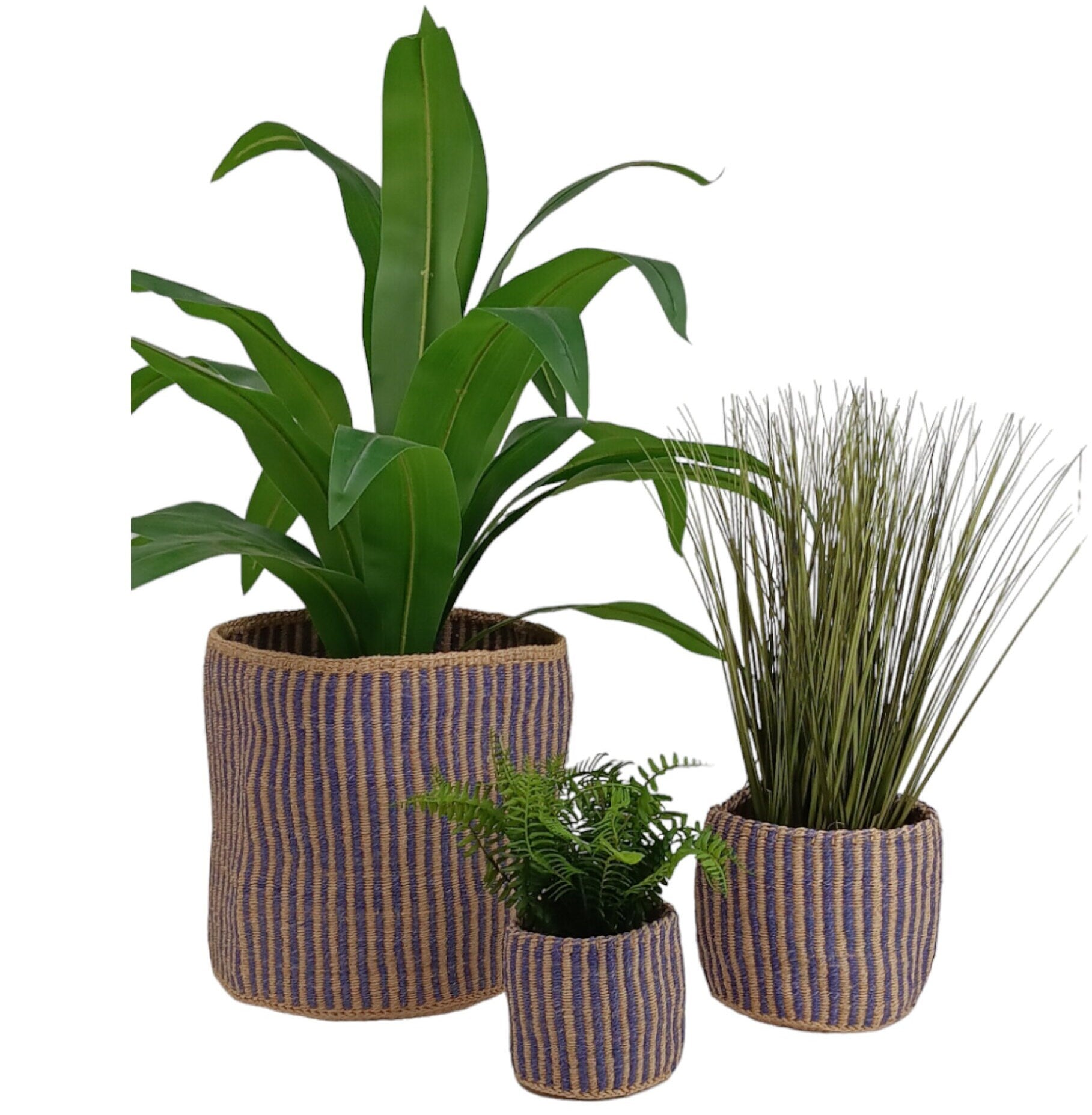 Handwoven Sisal Basket: Striped Purple Planter Pot, African Storage Basket