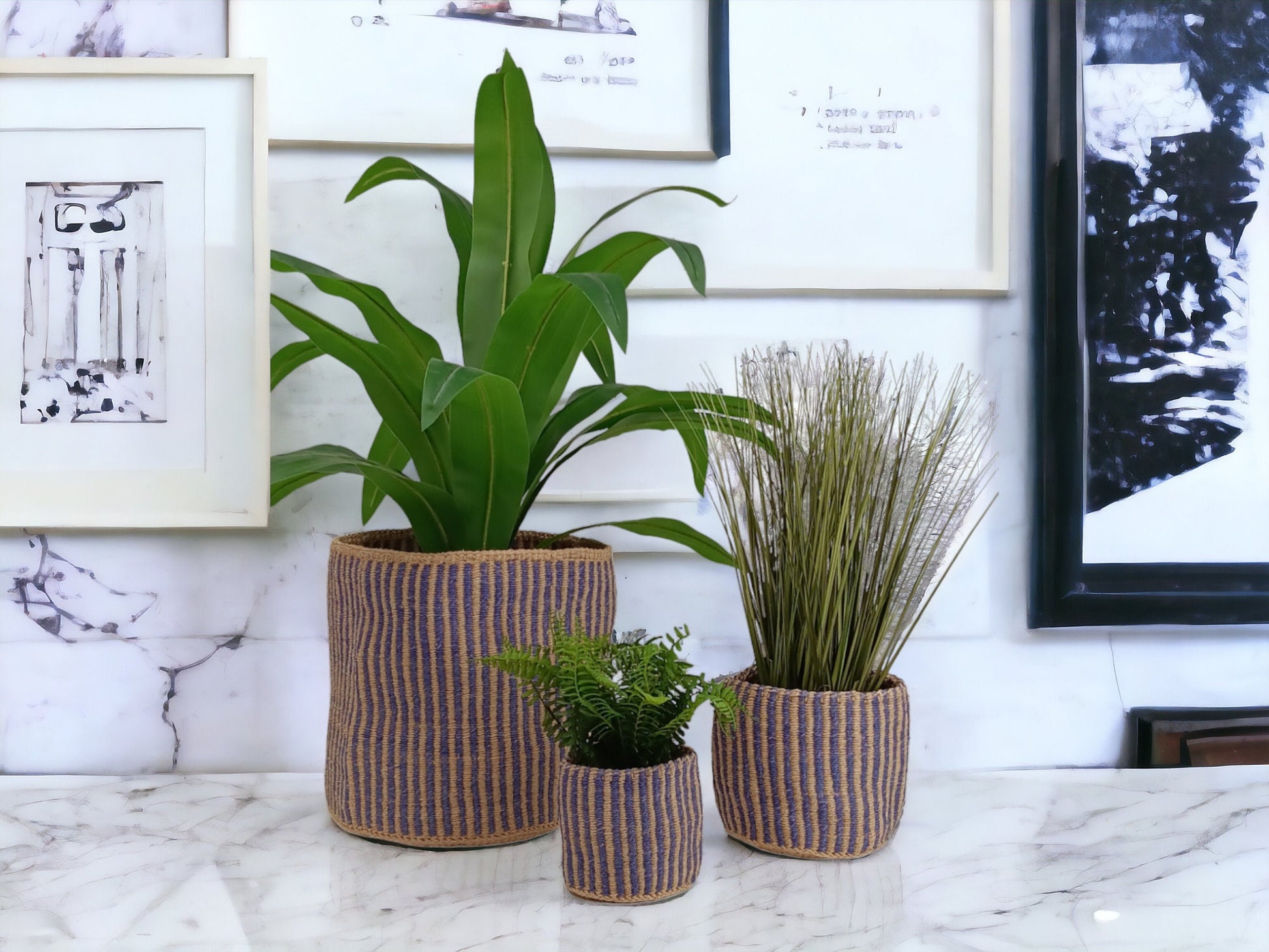 Handwoven Sisal Basket: Striped Purple Planter Pot, African Storage Basket